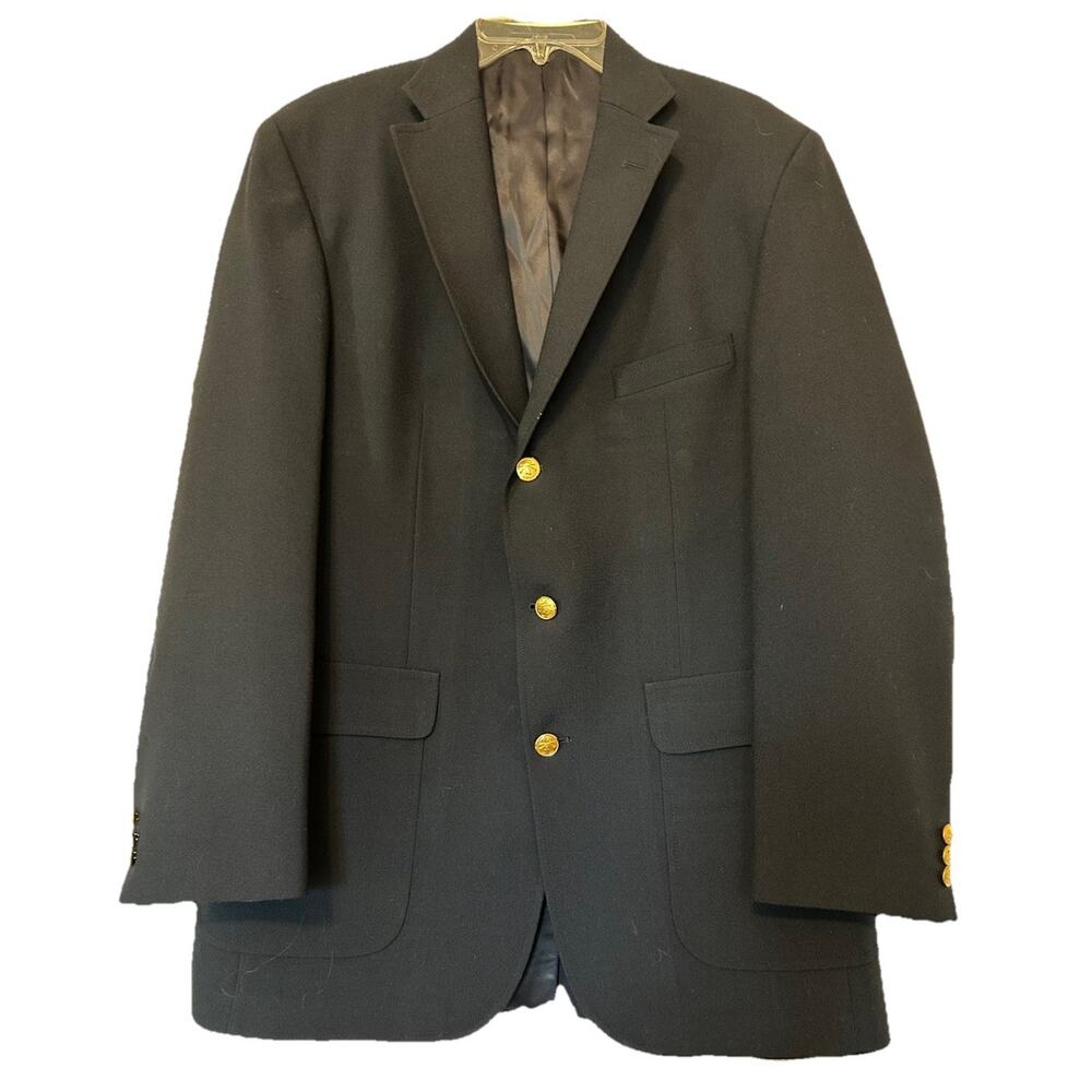 Orvis Blazer Mens 42L Blue Navy Gold Three‎ Buttons Sport Coat Jacket Wool Blend